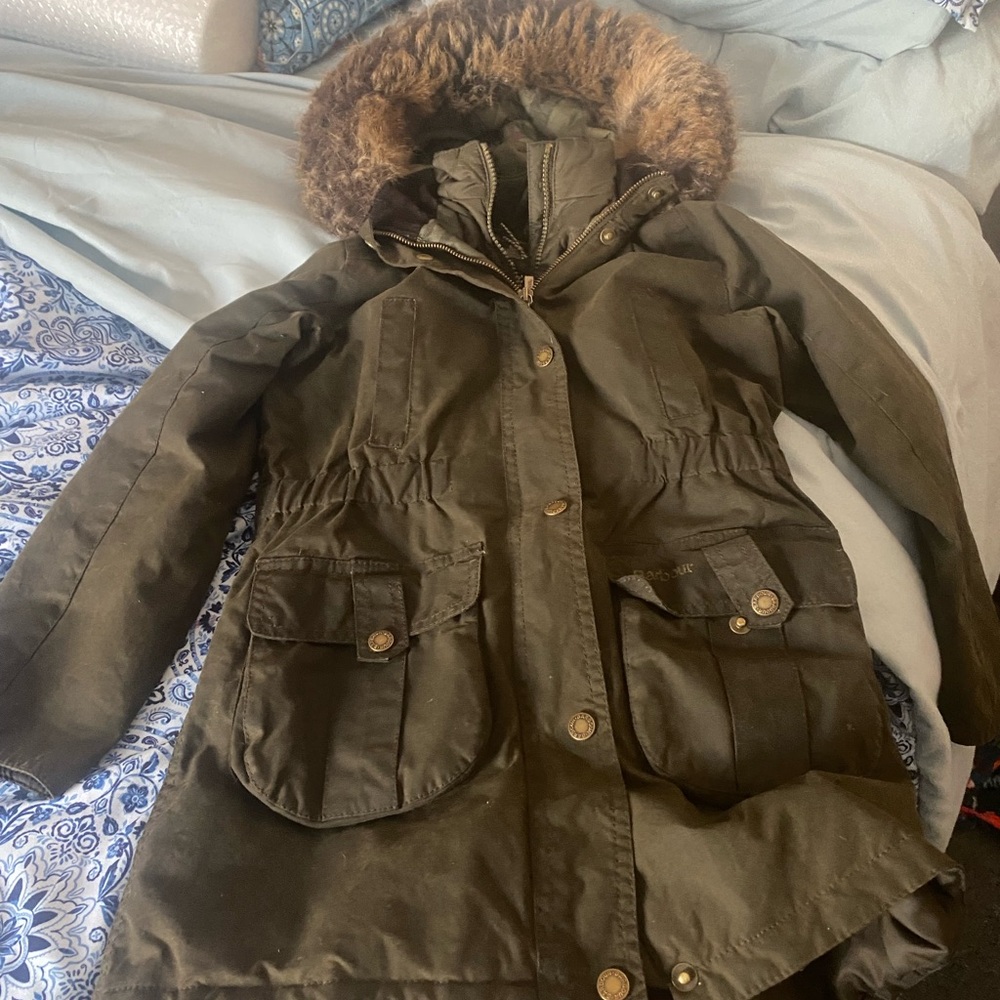 Barbour Kids Dark Green Puffer Coat with Faux Fur Hood